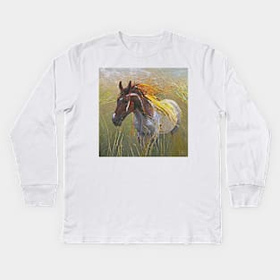 wild stallion on the grass Kids Long Sleeve T-Shirt